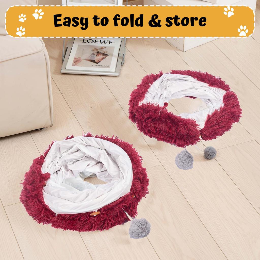 Avont Cat Tunnel Bed with Washable Foldable Large Cat Tunnel Tube Toy with 3 Shapes for and Includes Fluffy Cat Bed Red Cushion, Kittens, Puppies,