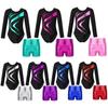 Kids Girls Long Sleeve Athletic Dance Gymnastics Leotard with Shorts for Figure Skating Dance Costume