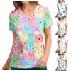 Women's T-shirts Personalized Cute Print Short Sleeve V-neck Top Work Uniform Pocket Tops