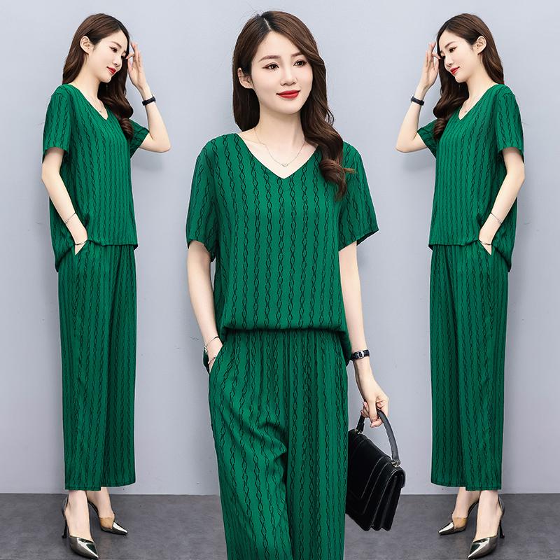 Женский летний костюм среднего возраста, новые элегантные комплекты из двух предметов, женские наряды, свободный винтажный комплект с широкими брюками с принтом