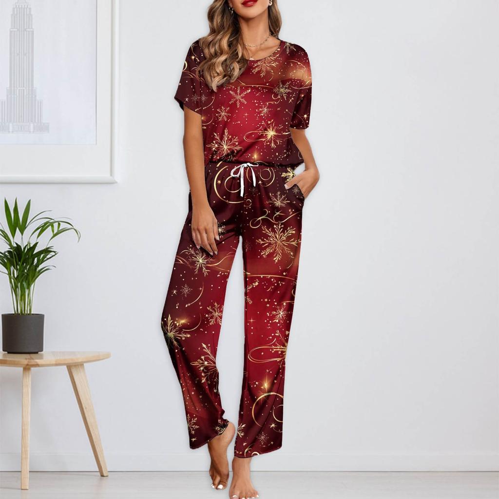 Женский шелковый атласный пижамный комплект с рождественским принтом, рубашка с коротким рукавом и длинные пижамные штаны, мягкая домашняя одежда