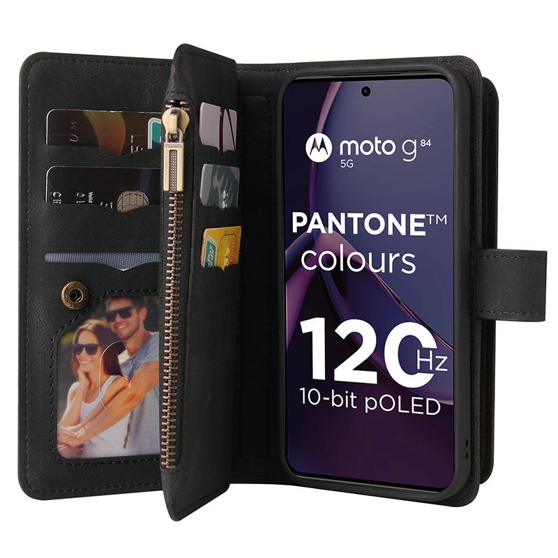 For Motorola Moto G84 5G Zipper Wallet Case with 15 Card Slots and Strap Leather Phone Cover