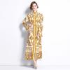 Spring Autumn Runway Yellow Red Blue And White Porcelain Print Robe Women's Ruffled Long Flare Sleeve Lace Up Belt Maxi Party Dresses
