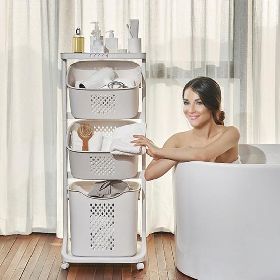 Yousheng Multi-Tier Rolling Laundry Hamper Dirty Clothes Basket Cart with Removable Basket Top Shelf Wheeled Laundry Storage Cart for Bedroom Bathroom