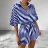 Летний женский комбинезон в полоску контрастного цвета со шнуровкой и эластичным поясом, цельный комплект с короткими рукавами