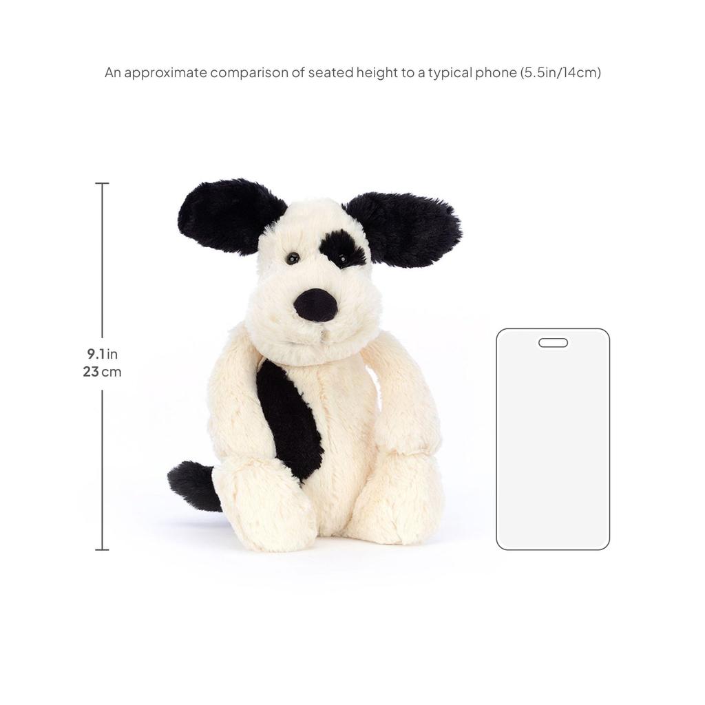 Плюшевая собака Jellycat Bashful Puppy, средняя, сидячая, черная с кремовым, 20 см, и