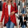Lady Sequin Coat Open Stitch Cardigan Irregular Hem Long Sleeves Solid Color Formal Business Jacket Office Commuting Outerwear
