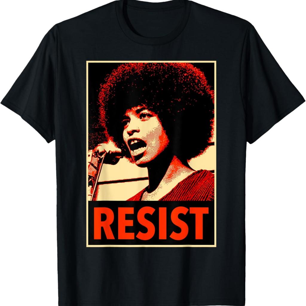 Angela Resist T-Shirt - Black, Unisex-Adults, Short Sleeve, V-Neck, Small