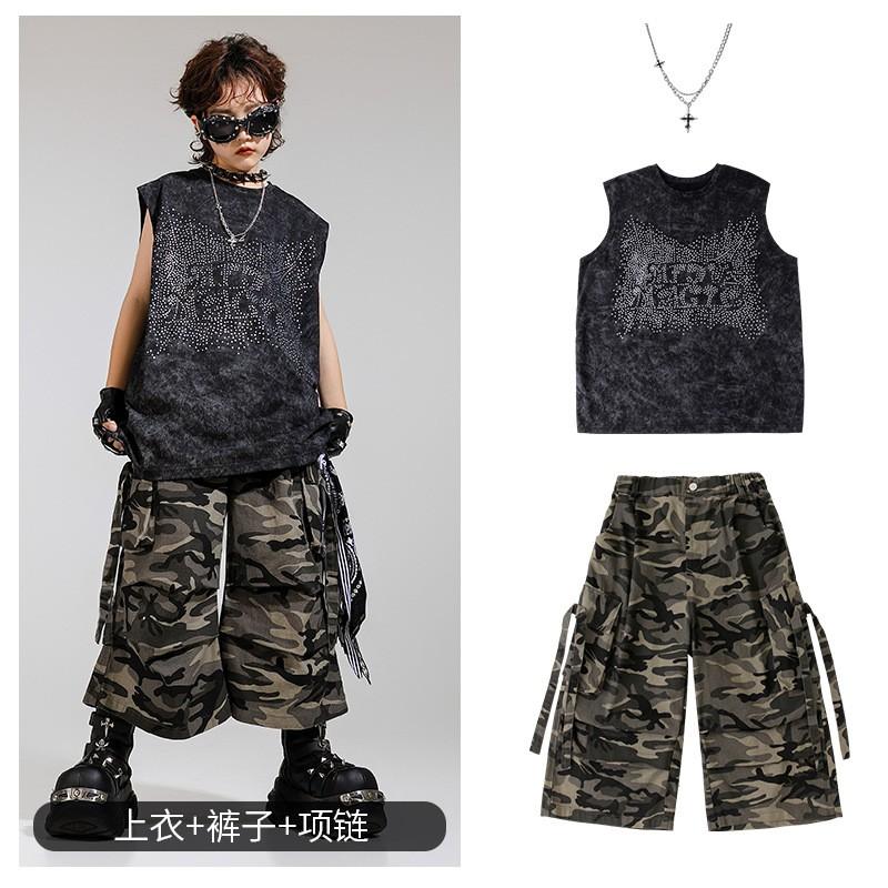 Kids Hip Hop Breakdance Outfit Set Boys Girls Sleeveless Rhinestone Vest Camo Shorts Performance Costume