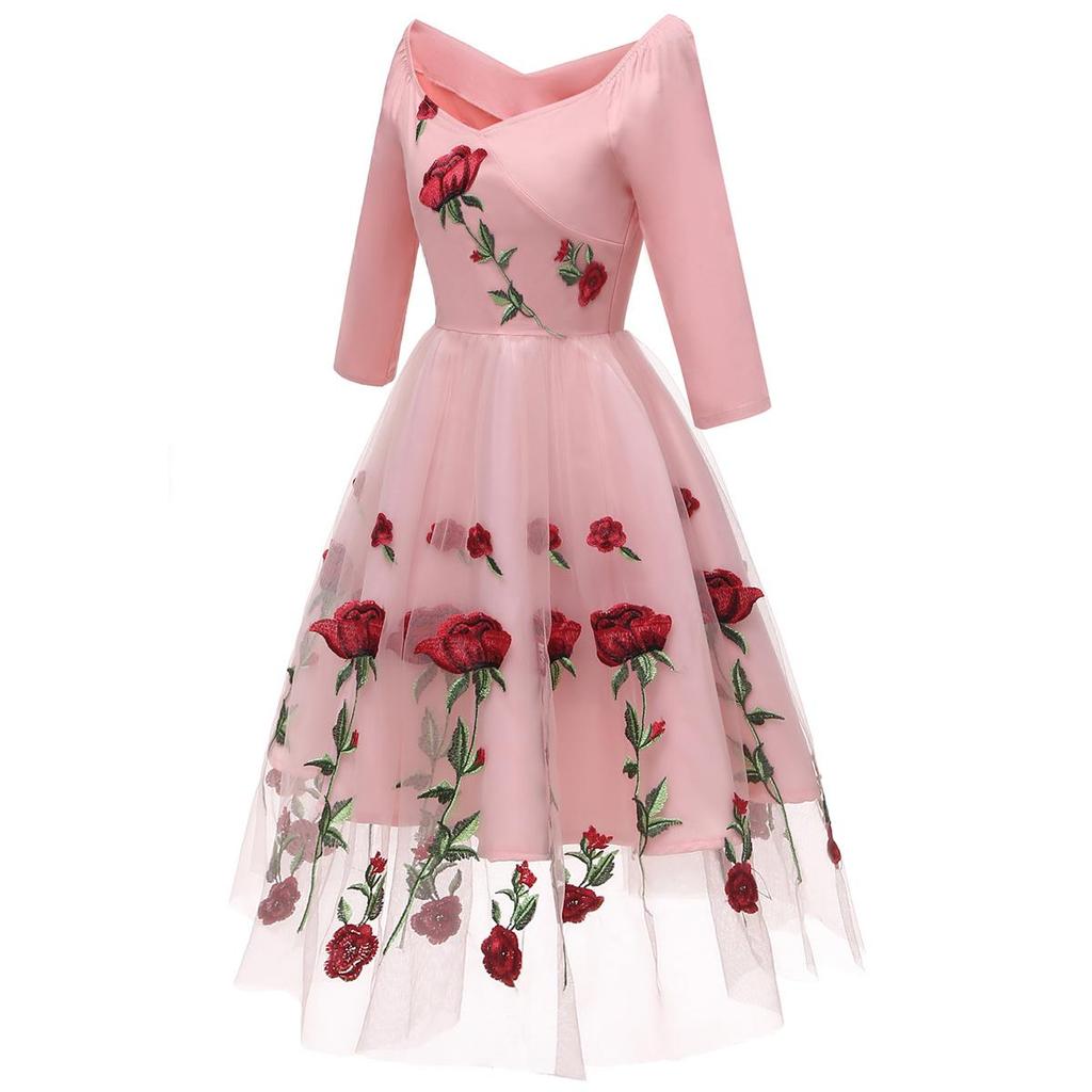 Women's Red Rose Embroided Midi Prom Dress Mesh Tulle 3/4 Sleeve Wedding Guest Bridesmaid Cocktail Evening Party Special Formal Occasion Outfit