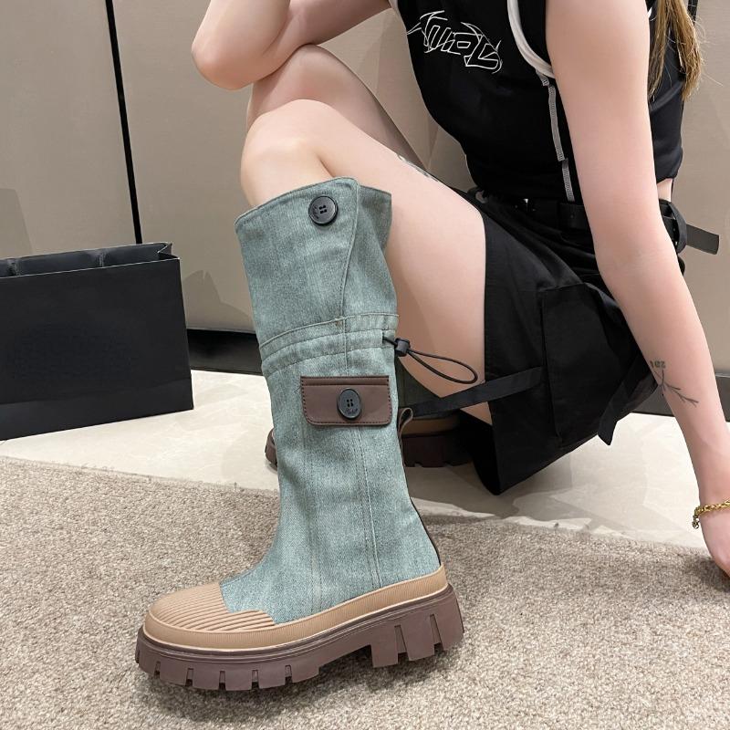 Уличная мода женские джинсовые сапоги 2024 Новые осенне-зимние женские сапоги на платформе до колена высокие сапоги в стиле ретро Zapatos Chunky Mujer