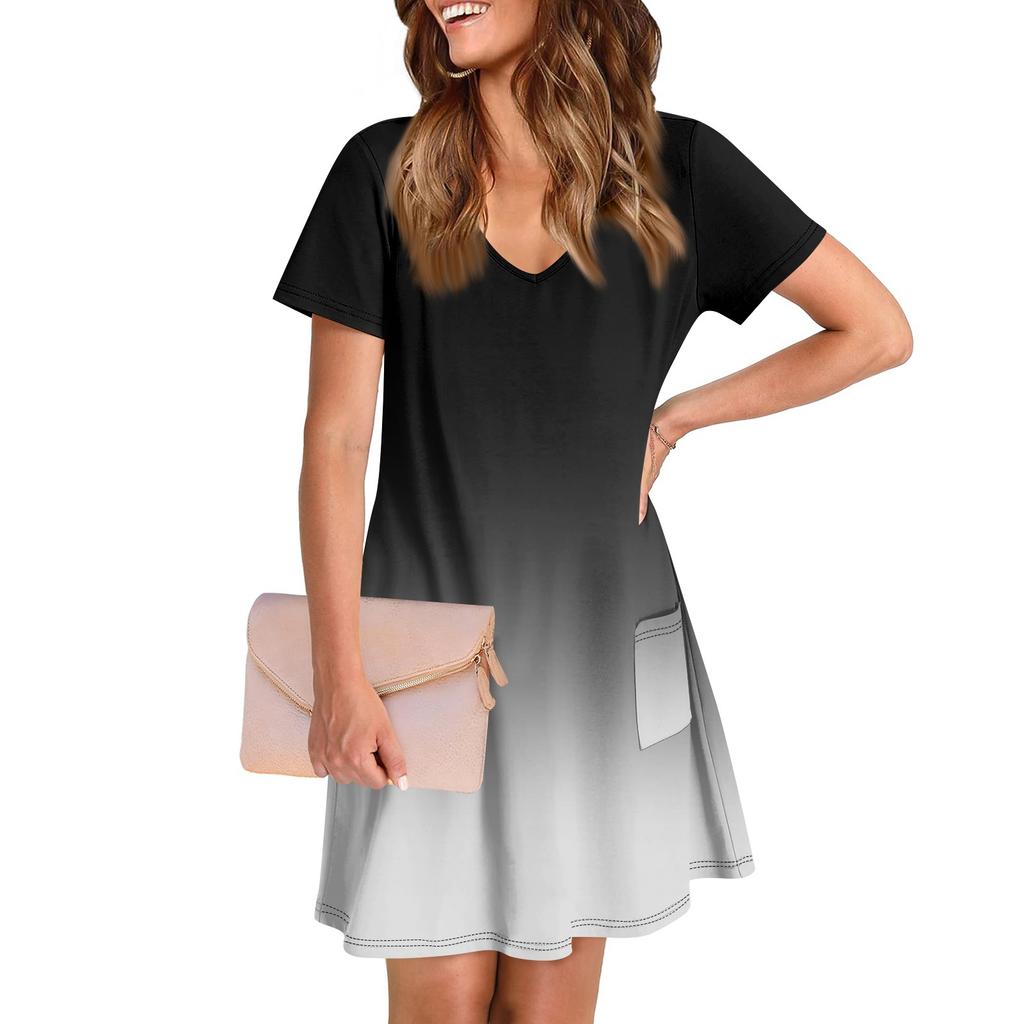 Ladies' Casual And Fashionable V-neck Short Sleeve Printing Mid Length Dress