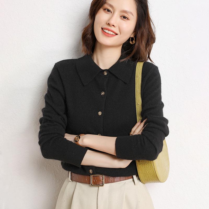 Women's Polo Collar Cashmere Cardigan - Elegant Lapel Sweater, Fashionable and Versatile Knit Top