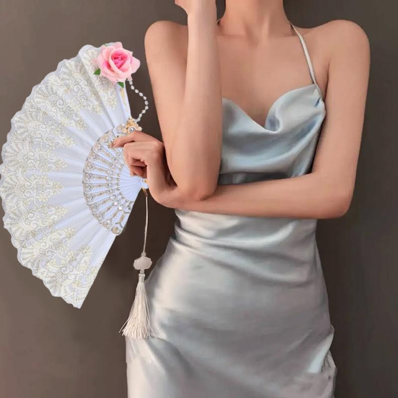 1PC Rose Hot Stamping Fan Lolita Wine Red Rose Fan Decorative Ornaments Lace Rose Folding Fan COS Prop 3 Styles