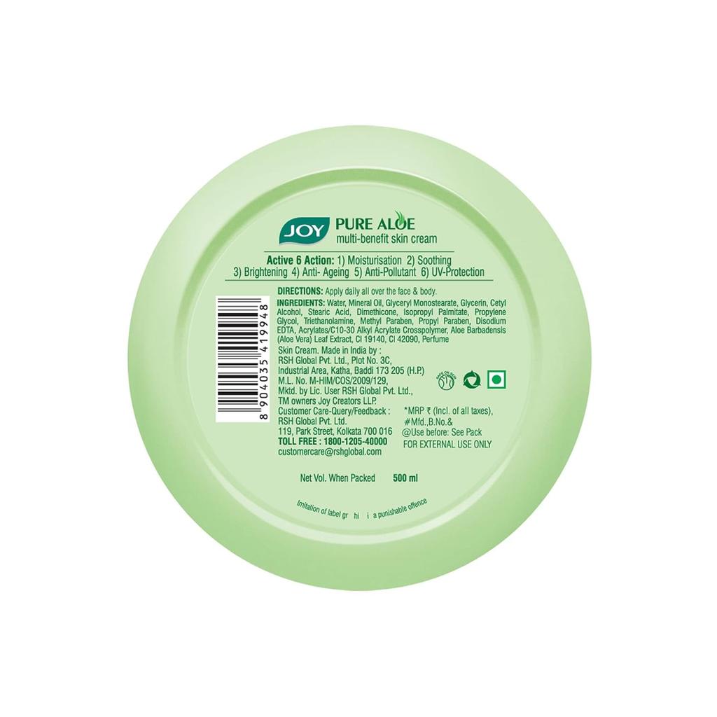 JOY Pure Aloe Light Moisturiser Skin Cream 500ml Pack of 1 for Face Hands Body Hydration & UV Protection