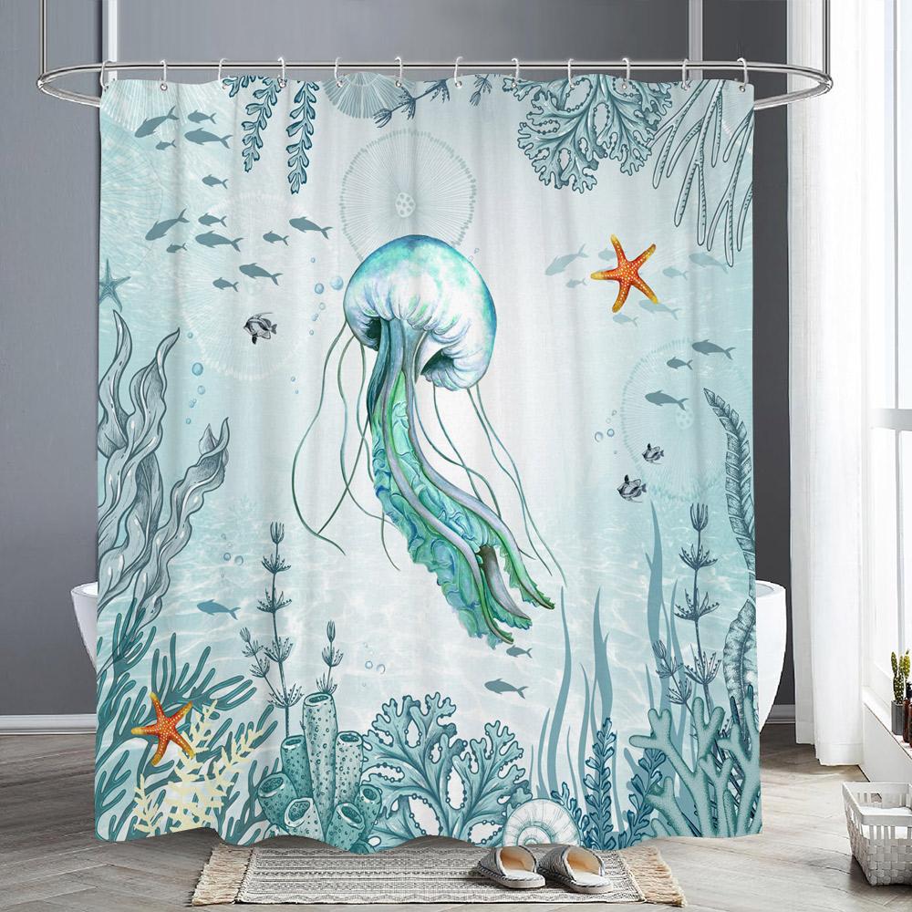 Sea Turtle Ocean Animal Shower Curtain Starfish Underwater Plants Coral Algae Watercolour Art Home Shower Curtain Bathroom Decor