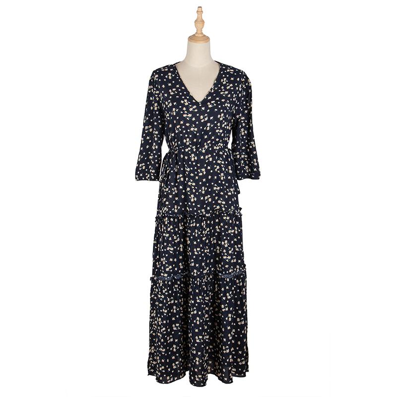 Летнее платье макси с принтом, длинное, тонкое, с V-образным вырезом, высокой талией, половиной рукава, темно-синее, SML XL