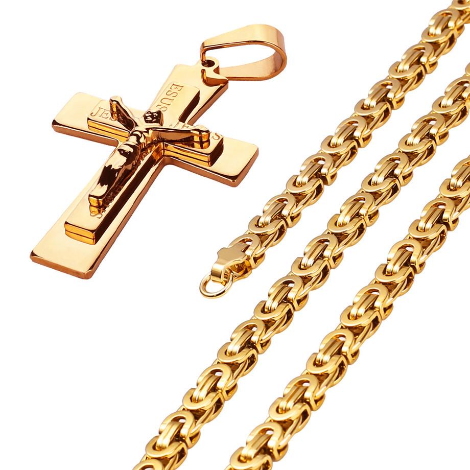Men's Necklace Big Cross Pendant & Chain Mens Gold Color Stainless Steel Christian Necklaces Male Iced Out Bling Jewelry