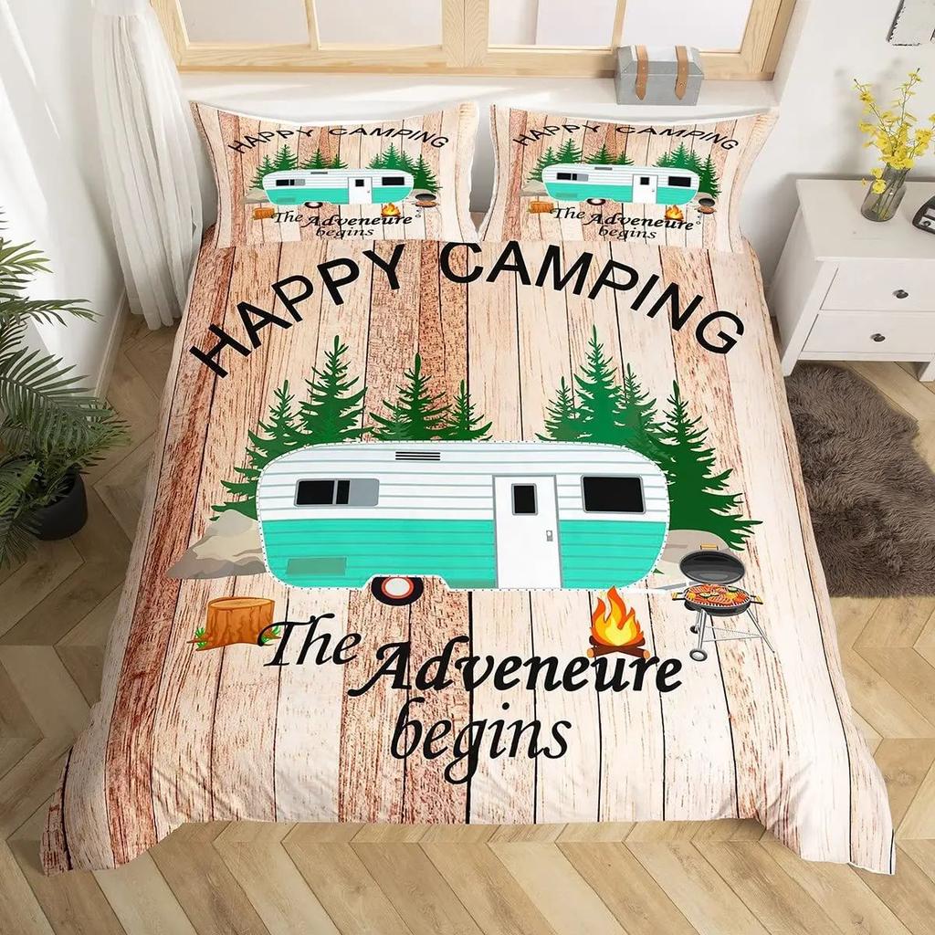 Happy Camping Duvet Set Retro Style Bedding Set Three-Piece Set