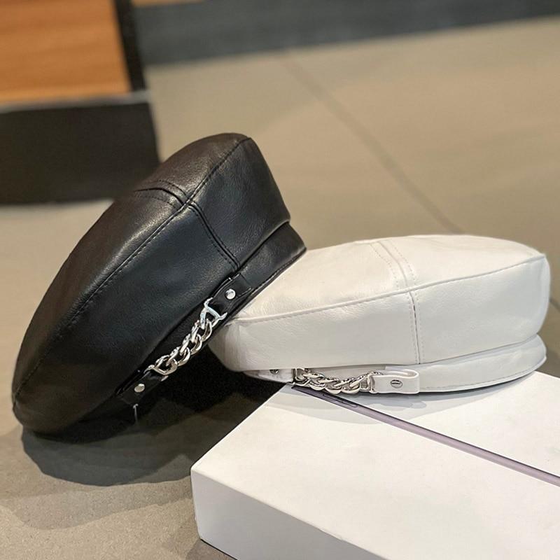 Chain Leather Berets Hat Female Autumn Winter Vintage Octagonal Casual Elegant Party Outdoor Painter Hat for Women