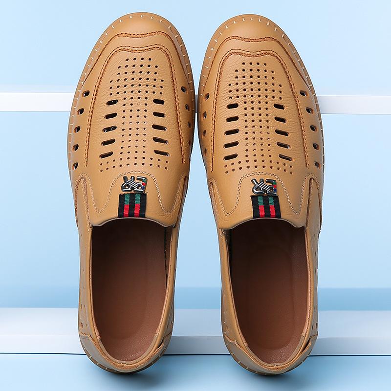 Men'S Sandals Leather Business Hollow Punching Men'S Shoes Soft Sole Hole Dad Leather Shoes White