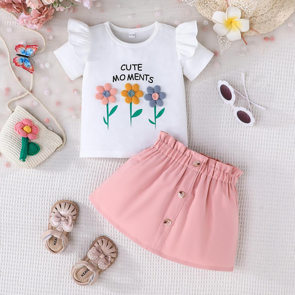 Милый милый топ для девочек + однотонная юбка, комплект детской моды на лето 2025 г.
