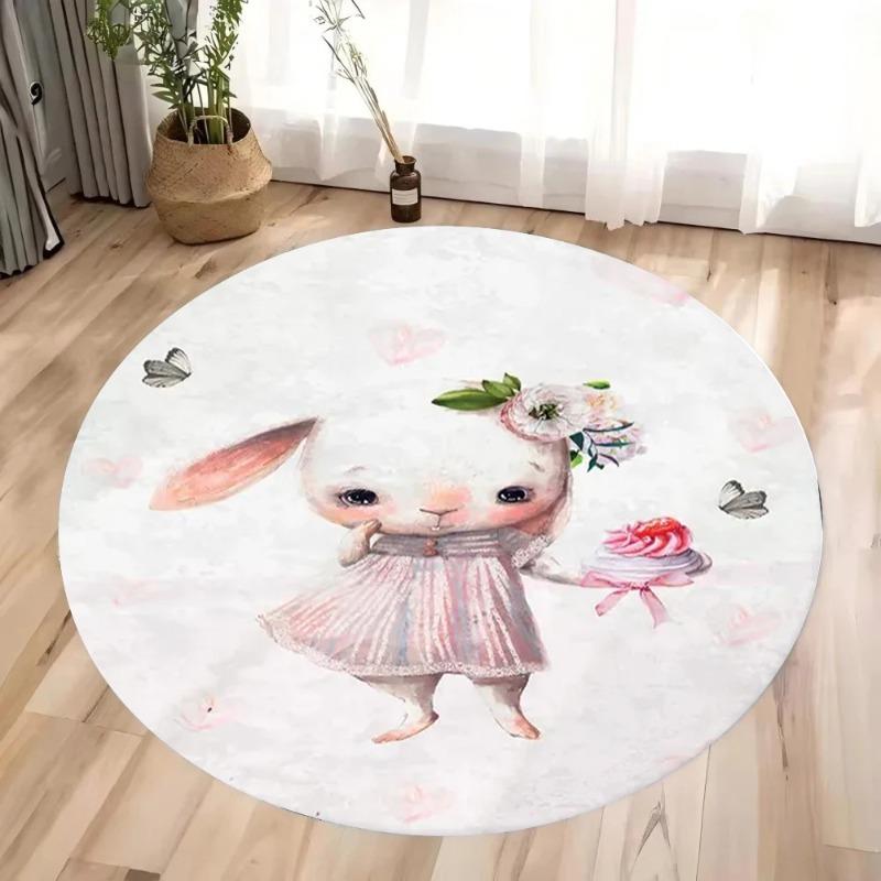 Pink Circular Carpet Cartoon Rabbit Pattern Rug Little Girl Bedroom Anti Slip Dirt Resistant Floor Mat Home Decoration