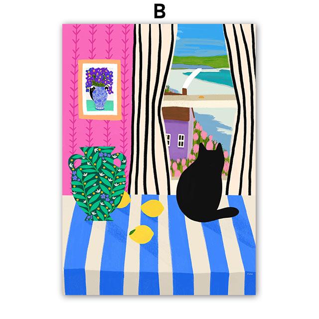 Fashion Colorful Cat Vase Leaf Flower Illustration Wall Art Canvas Painting Abstract Plant Posters Prints Pictures for Kids Room