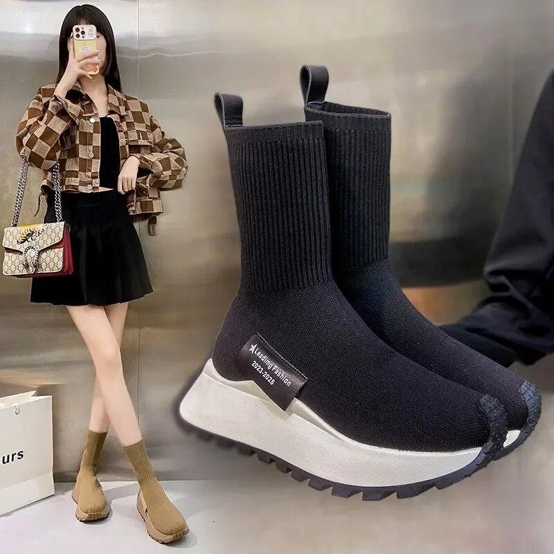 Ботильоны на платформе с носками, женские осенне-зимние повседневные высокие эластичные удобные ботинки из трикотажной ткани, женские ботинки на толстой подошве
