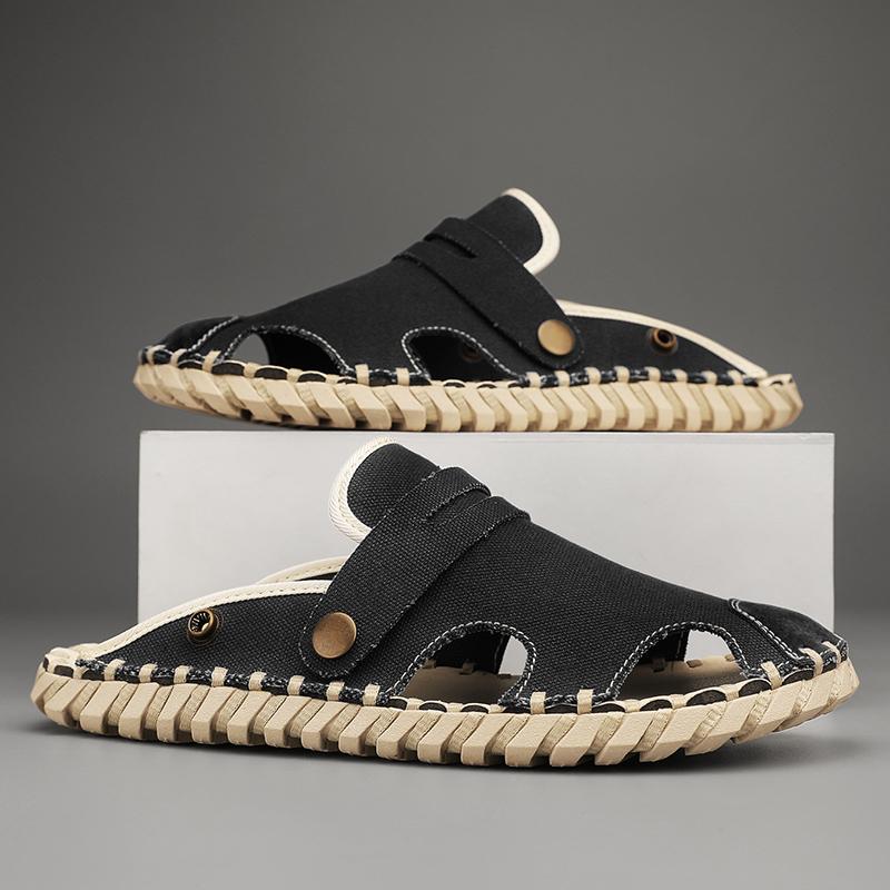 Популярные летние мужские тапочки с подошвой ручной работы, удобные парусиновые туфли, мужская повседневная обувь, туфли на плоской подошве, домашняя обувь с мягкой подошвой
