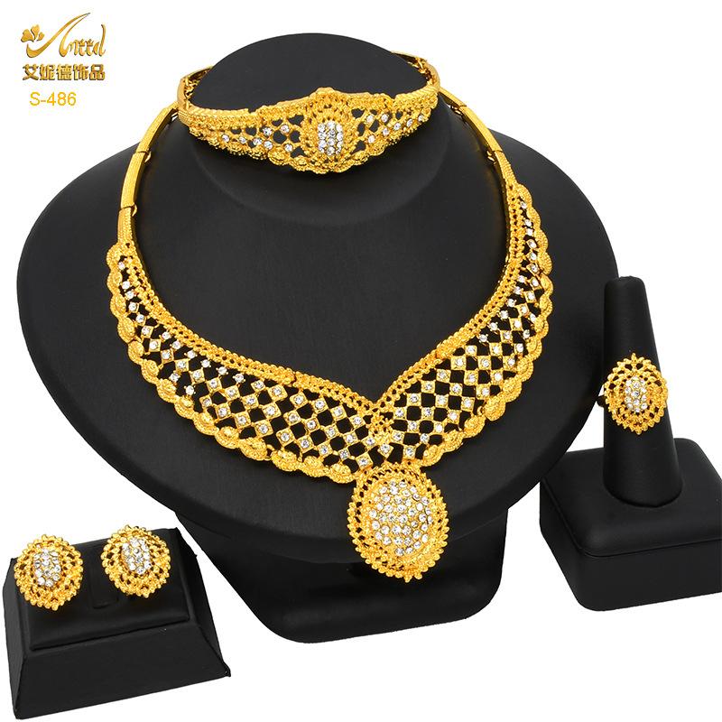 24K Gold Dubai Bridal Necklace Earrings Bracelet Ring India Nigeria Middle East Necklace Set