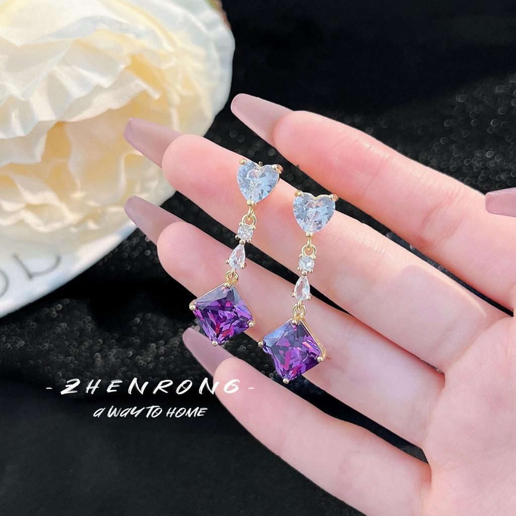 BELLA BOX Exquisite Geometric Square Tassel Heart-shaped Zircon Drop Earrings Suitable For Women's Wedding Party Fashion Jewelry