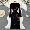 Elegant Long Sleeve Rose Embroidery Knit Bodycon Dress Chic Party Vestidos Summer Sexy Women Split Dress Ins
