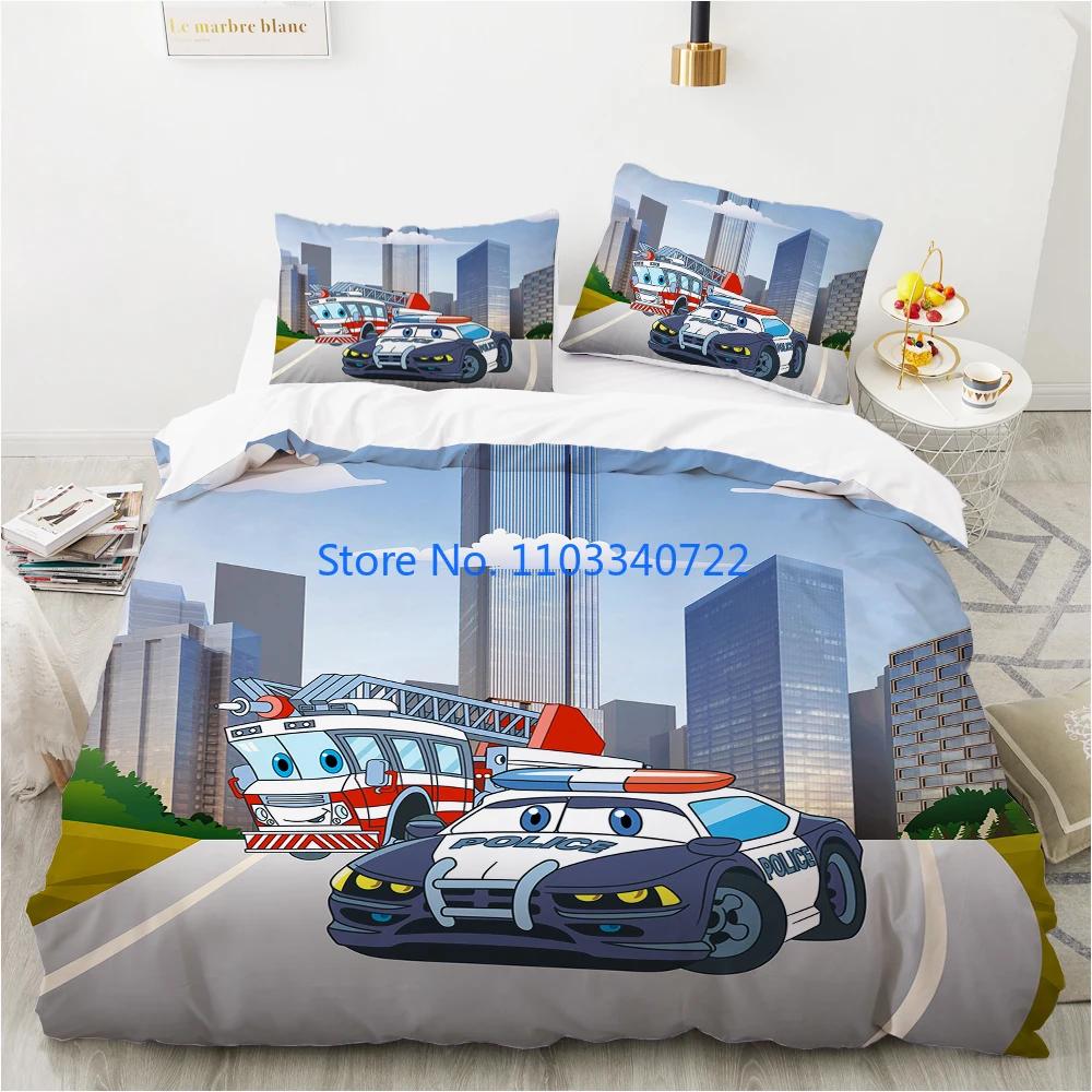 Cartoon Car King Queen Duvet Cover Cute Red Toy Sports Cars Bedding Set Kids Police Car Fire Truck Bedclothes Children Bedroom