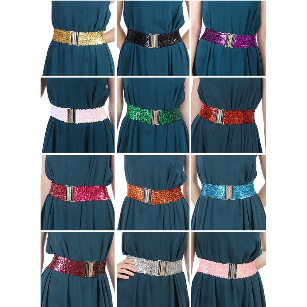 Eye Catching Shinny Waistband Gold Buckle Disc Belts Special Design Sequin Stretch Belt Women Girl