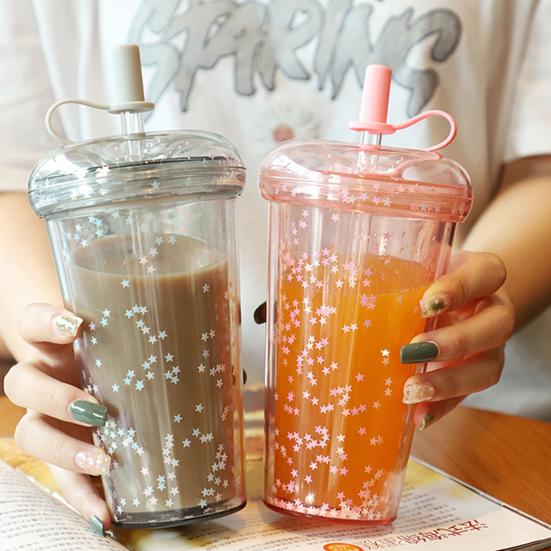 Герметичная чашка для холодного кофе, многоразовая прямая пипеточная чашка со встроенными соломинками, двухстенный изолированный стакан для холодного кофе, мультяшная чашка для питья