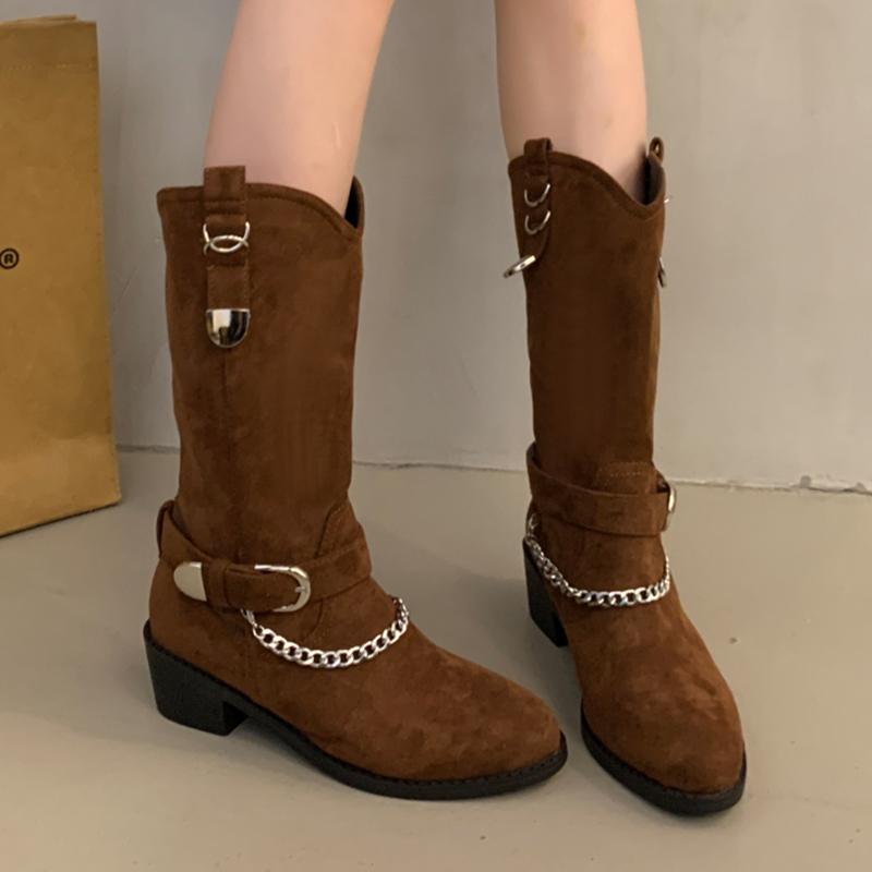 Модные женские сапоги для верховой езды с металлической цепочкой и толстым каблуком, осенне-зимние сапоги из искусственной кожи до середины голени, женские модные мотоциклетные сапоги с пряжкой и ремешком
