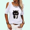 Женская модная футболка с открытыми плечами, летняя и осенняя футболка с круглым воротником и короткими рукавами, женская модная футболка с принтом кота