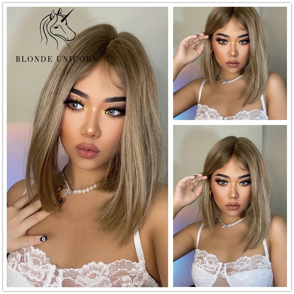 BLONDE UNICORN Короткие парики на шнуровке, платиновые блондинки, синтетические парики для женщин, повседневные косплей, парики с темными корнями, омбре