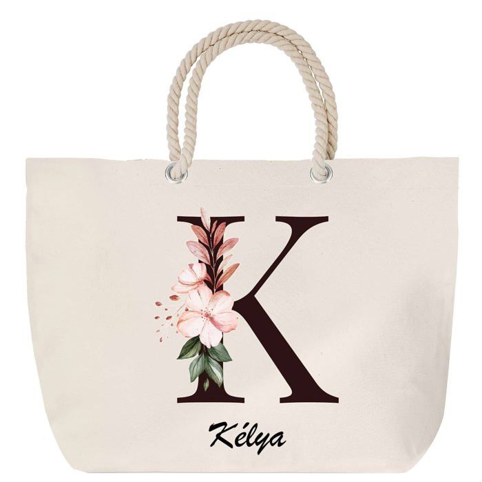 Sac de plage avec anse corde Kélya Lettre Fleur Cadeau Anniversaire Noël | Grand Sac de Transport & Sport