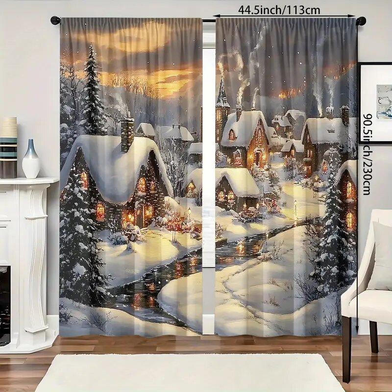 2 Pcs Christmas Snow House print curtains suitable for bedroom living room kitchen decoration home decoration window decoration