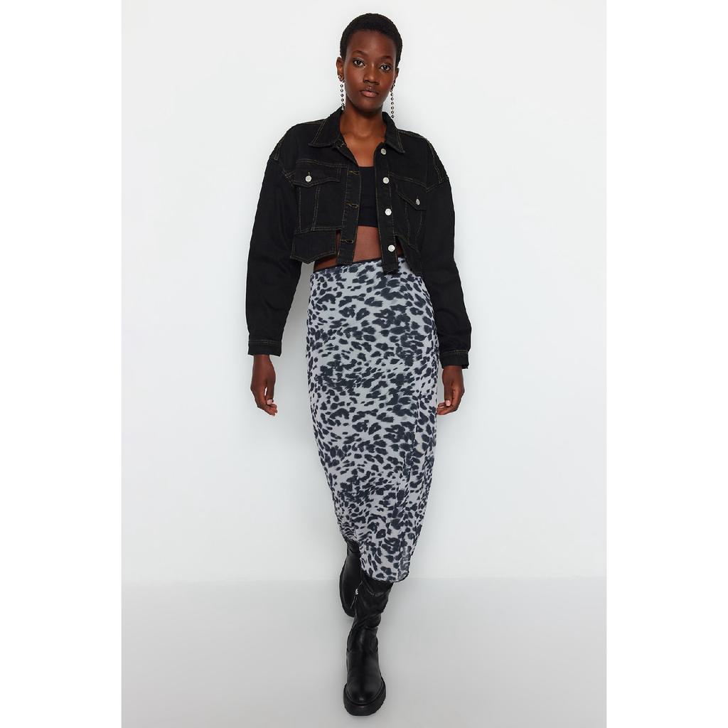 Black Waist Detailed Printed Stretchy Tulle Maxi Knitted Skirt Twoaw24et00124