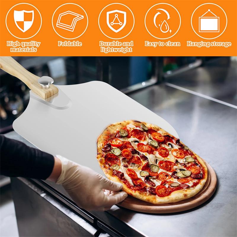 Aluminum Metal Pizza Shovel Spatula with Foldable Wooden Handle Nonstick Oven Cake Lifter Transfer Tray Baking Homemade Bread