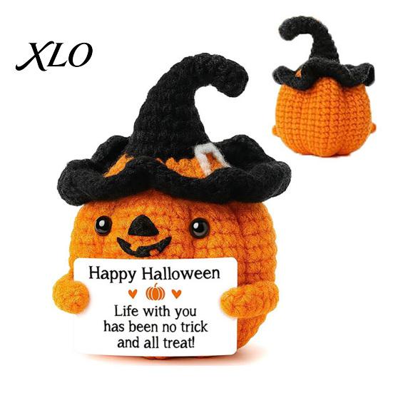 Halloween Crochet Pumpkin Decor Handmade Positive with Witch Hat, Fall Boo Basket Stuffer, Cozy Autumn Home Accents Mini Knitted Plush Figurine,