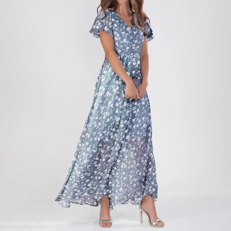 Maxi Dresses Casual for Women Summer Elegant Cute Flowing Wedding Guest Short Sleeve Chiffon Floral Dresses