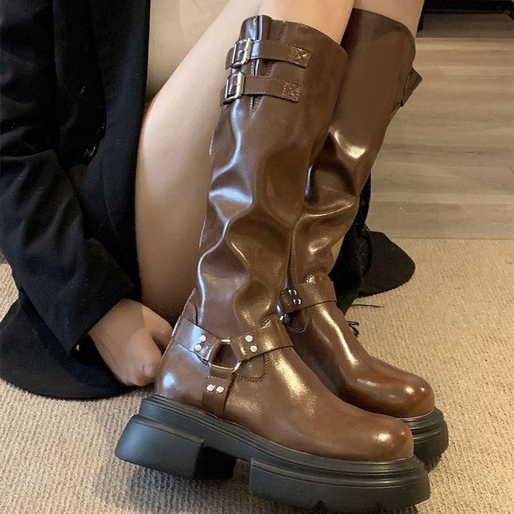 Internet Celebrity Fashion Boots Women But Knee 2024 Solid Color Autumn Thick Heel Knight Boots Western Tall Non-slip Boots Tide