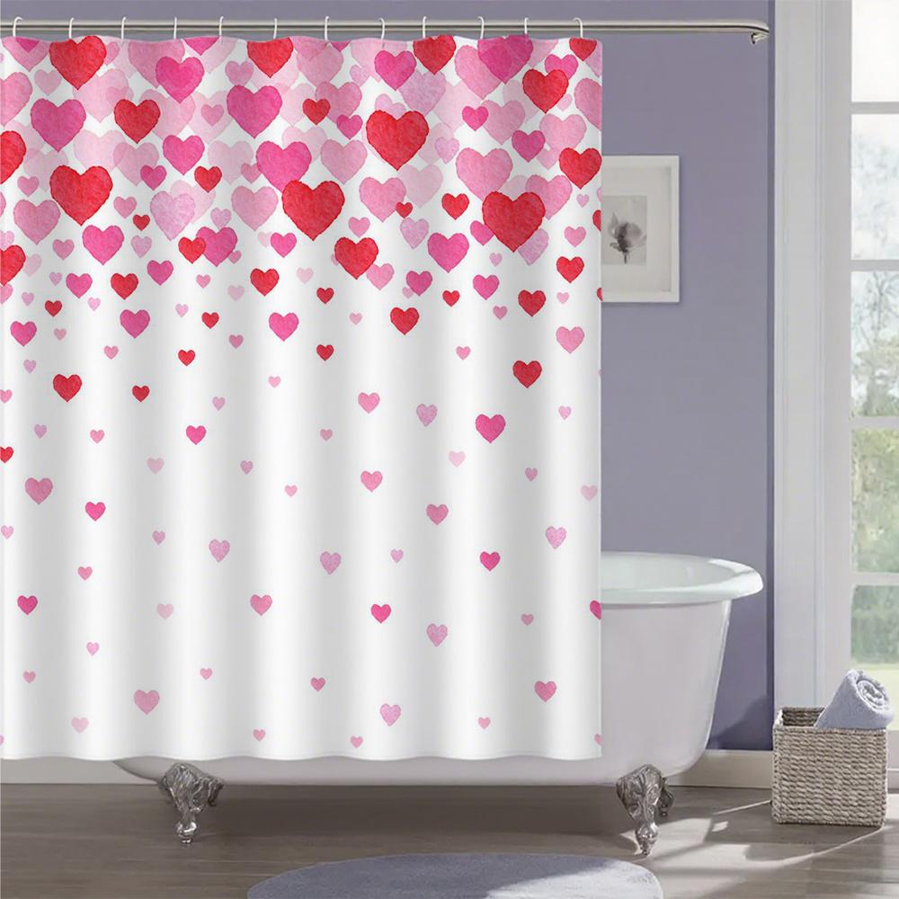 Valentine'S Day Heart Shower Curtain Pink Red Gradient Pattern Waterproof Polyester Bath Curtain With Hooks For Bathroom Decor