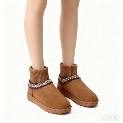 Повседневные этнические вышитые сноубутсы женские мягкая подошва короткий плюш зима новые теплые вязаные ботинки челси большой размер 42