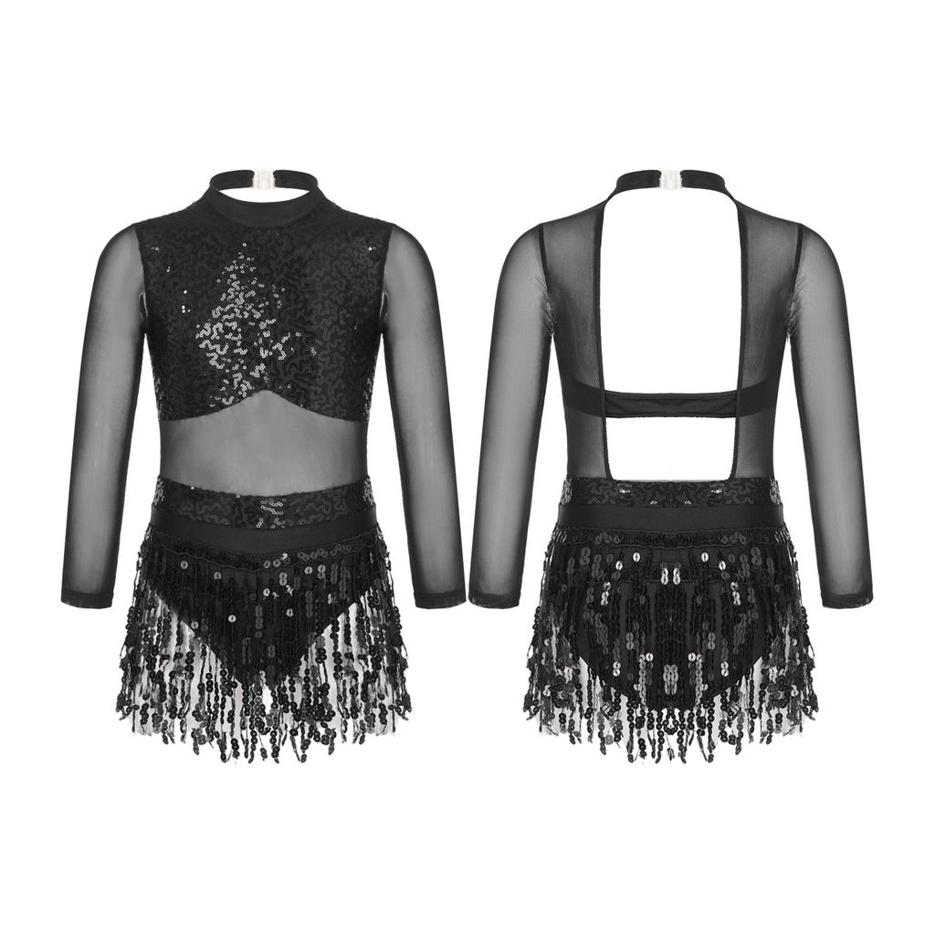 Детское платье для танцев для девочек, блестящие пайетки, бахрома по подолу, стиль пэчворк, трико, танцевальная одежда, сценическая одежда