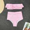 2 Pcs/Set Beach Bikini Set Ruffle Striped Patchwork Tankini High Waist Split Beachwear Elastic Quick-drying Bathing Suit